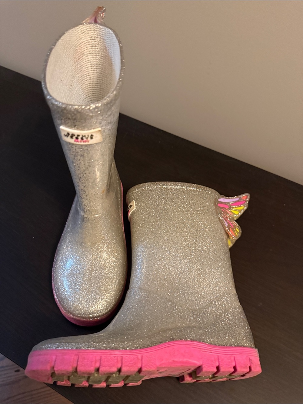 Sophia Webster Silver Glitter Kids Rain Boots with Pink Sole
